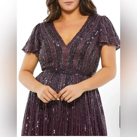 Mac‎ Duggal 5522 Fabulousness Aubegine Purple Sequin Tea Length Dress, size 22W - Picture 3 of 3